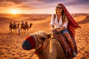 Luxury desert safari camp at sunset with Arabian seating and lanterns